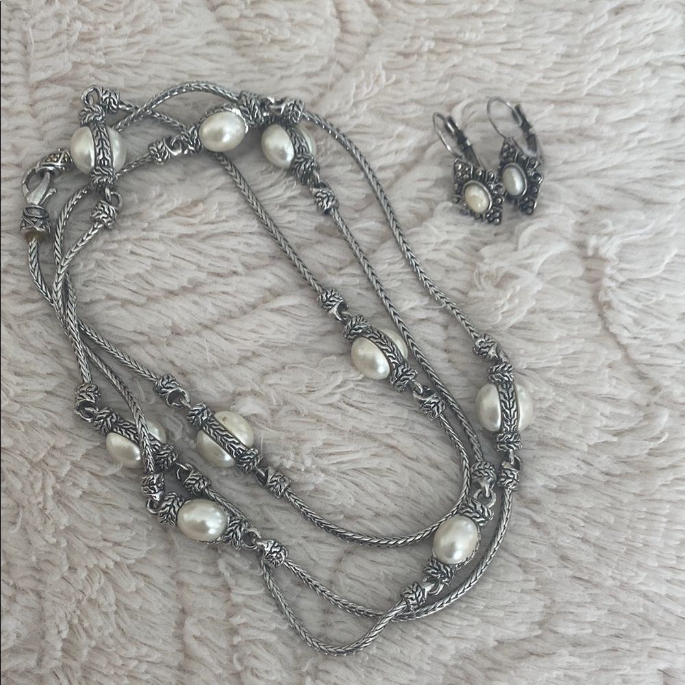 Silver and Pearl Necklace with Complementary Earrings 18” Drop
